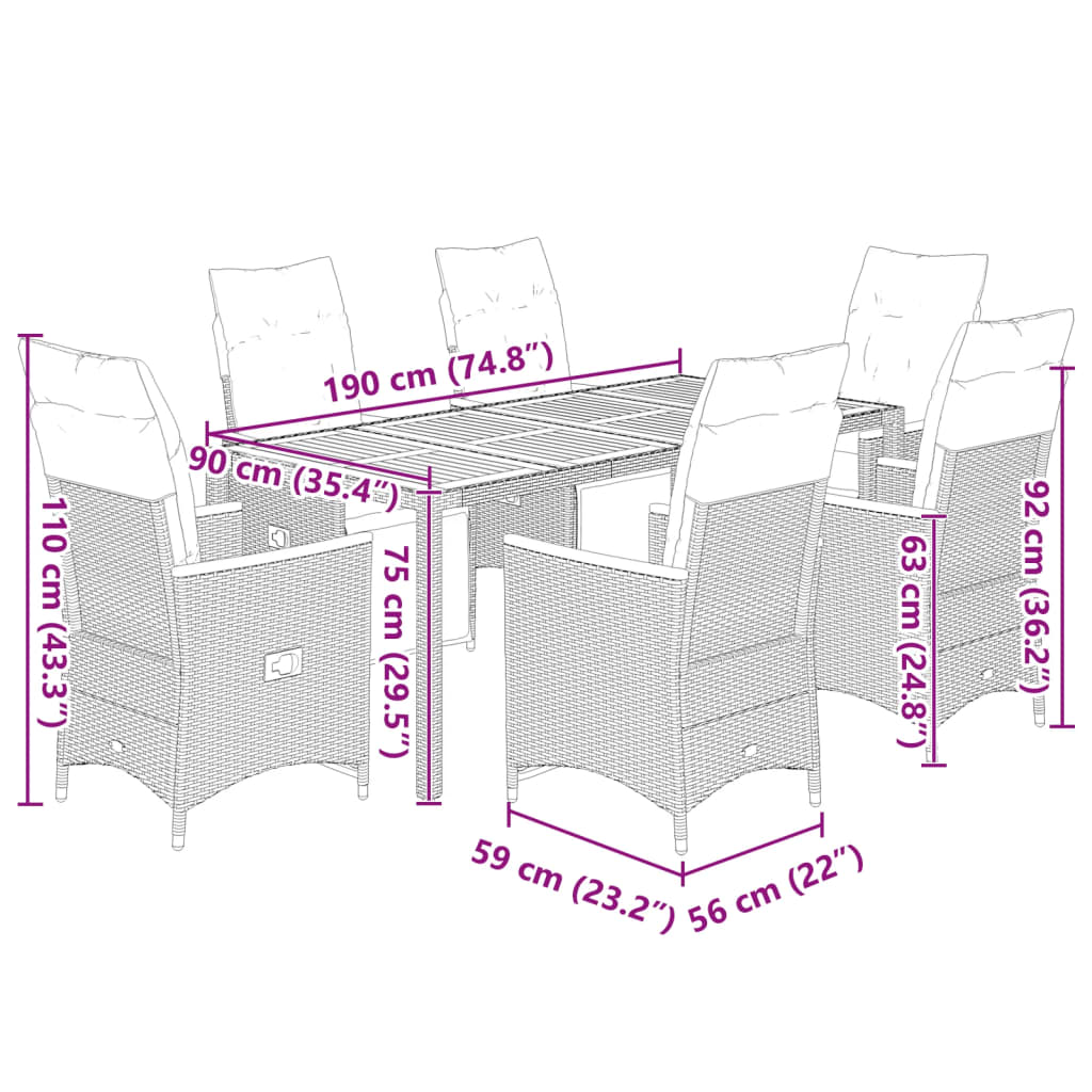 Ensemble de bistro de jardin 7 pcs coussins noir poly rotin