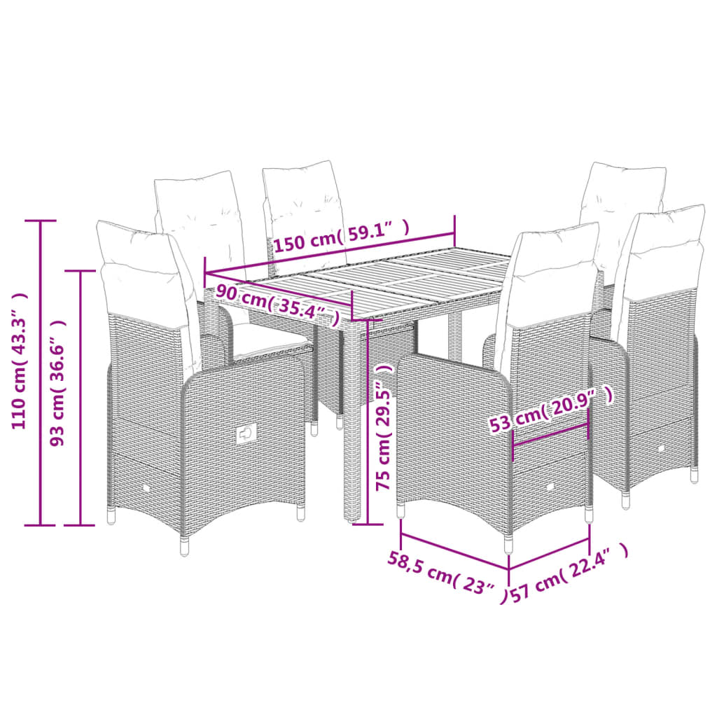 Ensemble de bistro de jardin 7 pcs coussins noir poly rotin