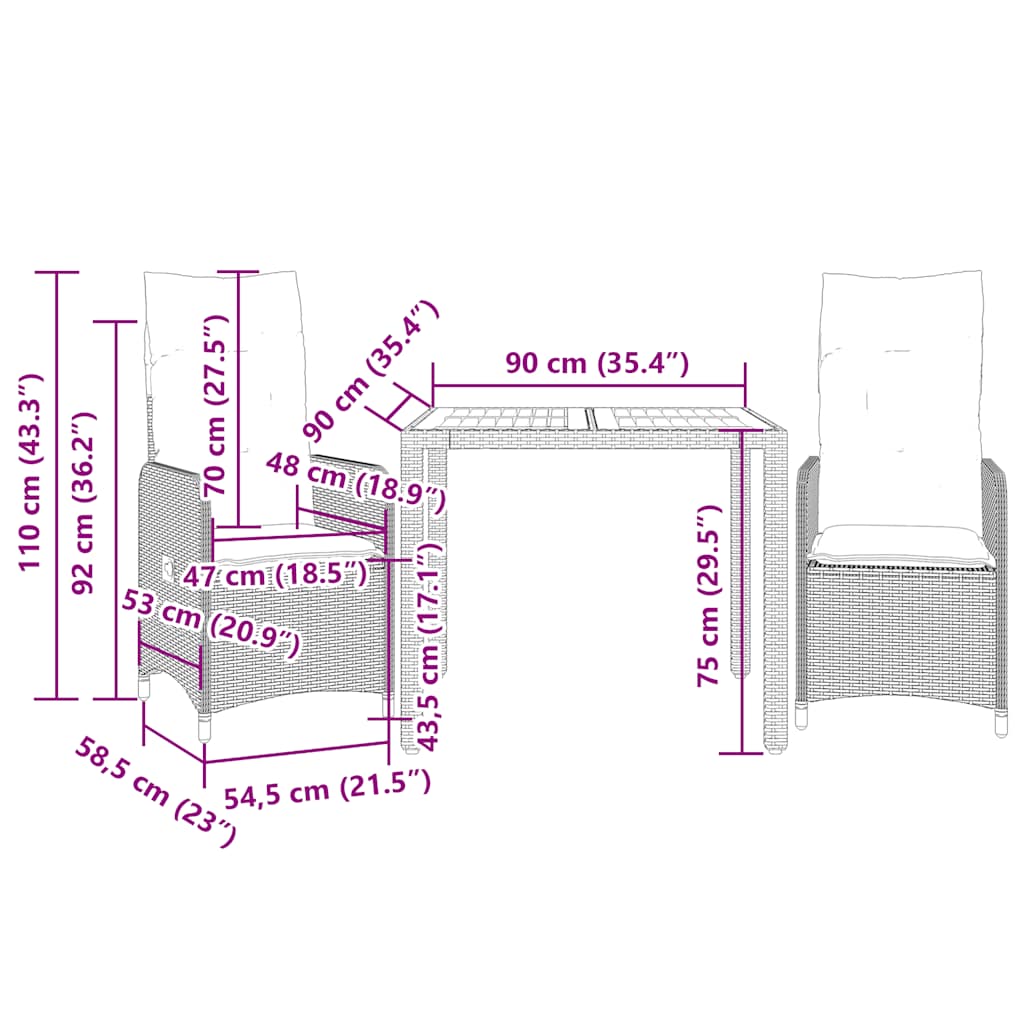 Ensemble de bistro de jardin 3 pcs coussins gris poly rotin