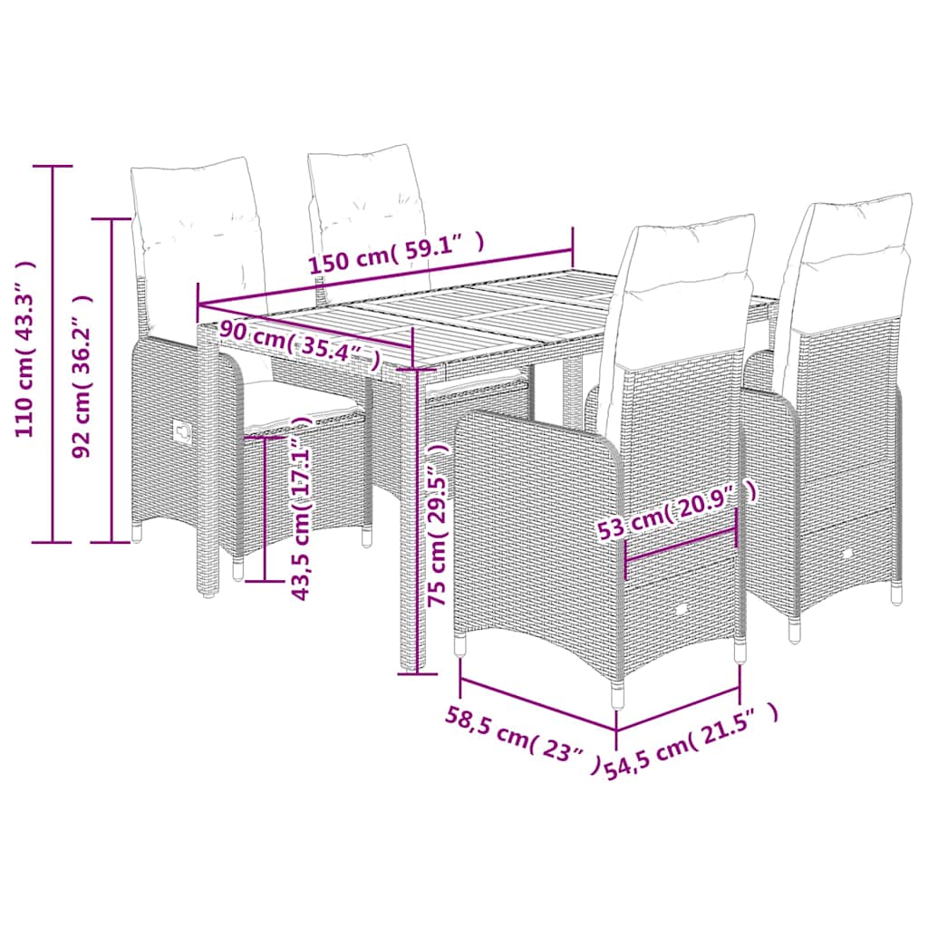Ensemble de bistro de jardin 5 pcs coussins gris poly rotin