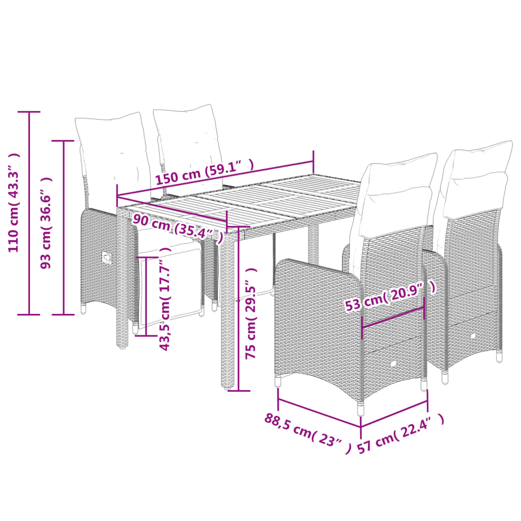 Ensemble de bistro de jardin 5 pcs coussins noir poly rotin
