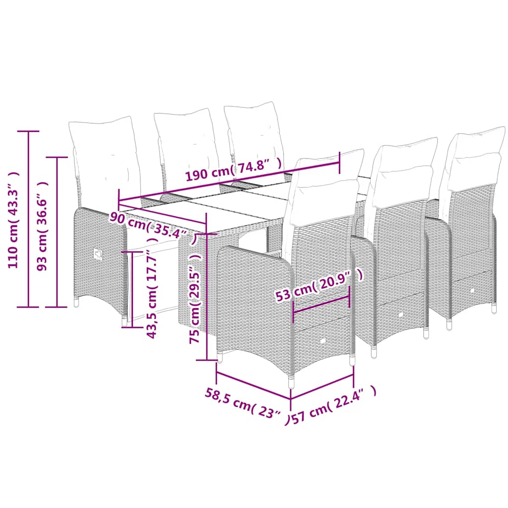 Ensemble de bistro de jardin 7 pcs coussins marron poly rotin