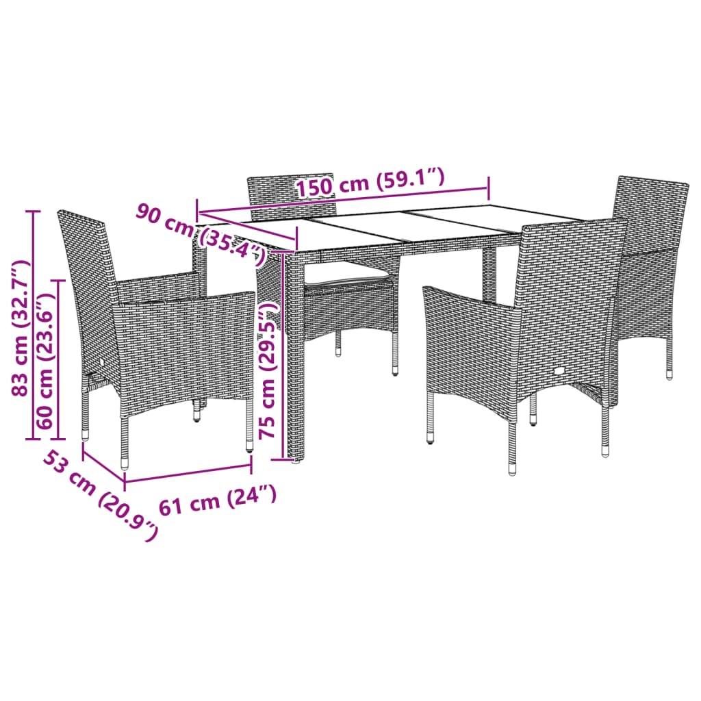 Ensemble à manger de jardin et coussins 5 pcs noir rotin verre