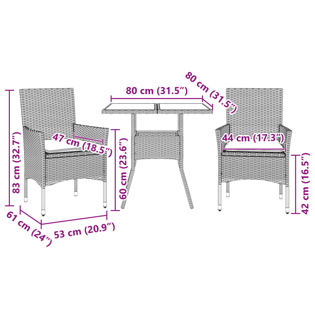 Ensemble à manger de jardin et coussins 3 pcs gris rotin verre - XIOS