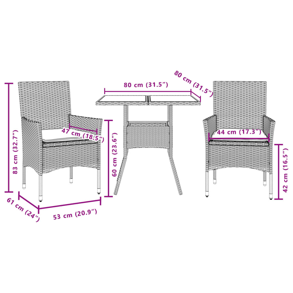 Ensemble à manger de jardin et coussins 3 pcs beige rotin verre