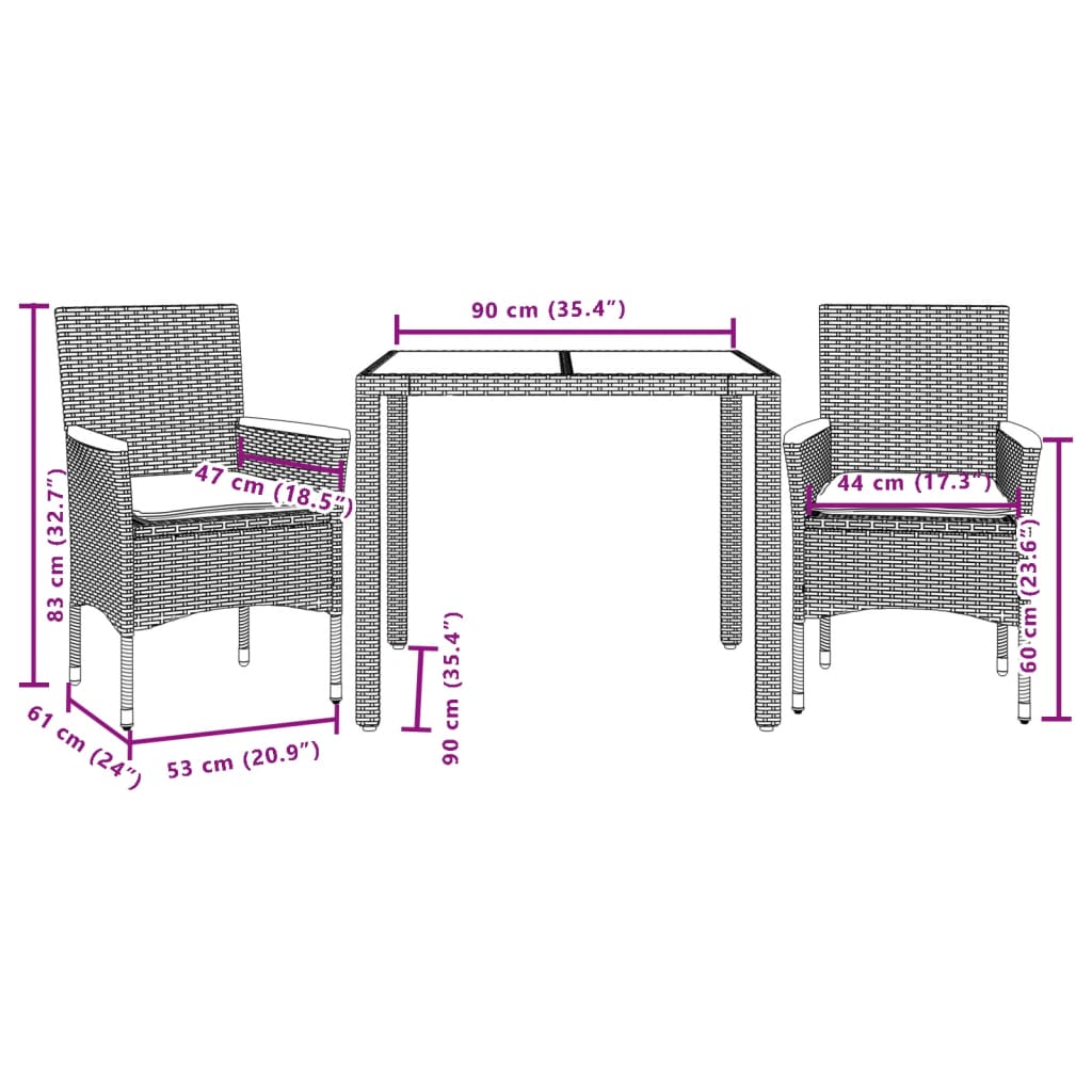 Ensemble à manger de jardin et coussins 3 pcs gris rotin acacia