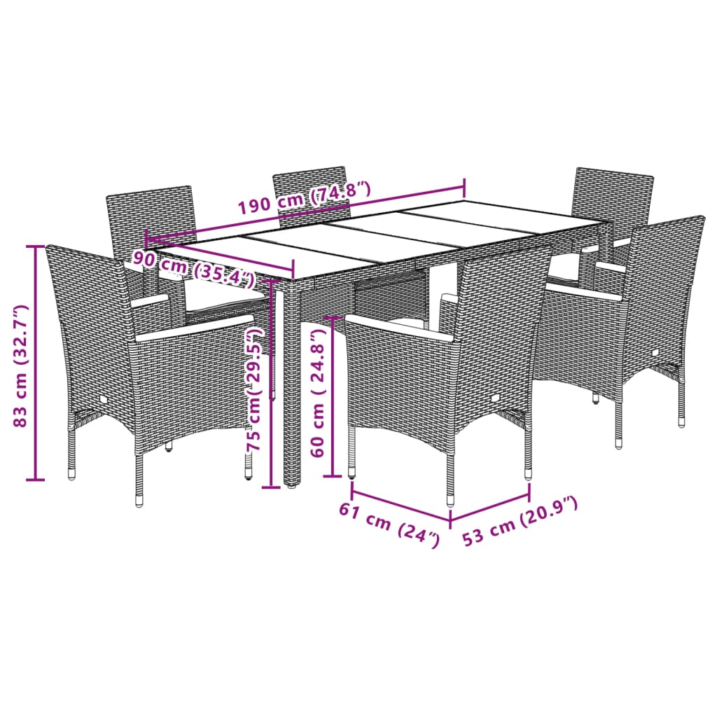 Ensemble à manger de jardin et coussins 7 pcs gris rotin acacia