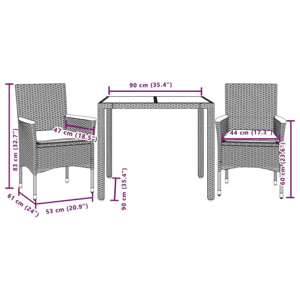 Ensemble à manger de jardin et coussins 3pcs beige rotin acacia