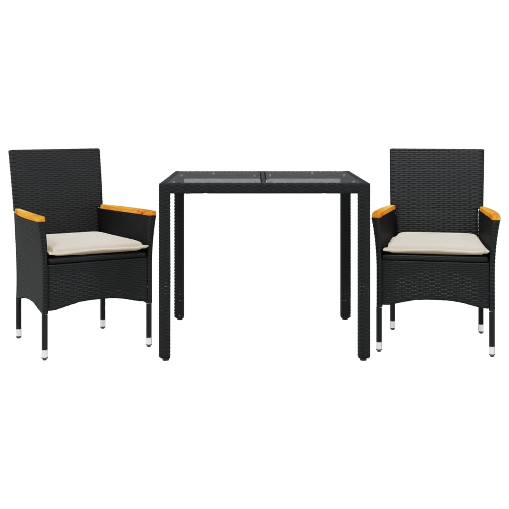 Ensemble à manger de jardin et coussins 3 pcs noir rotin verre