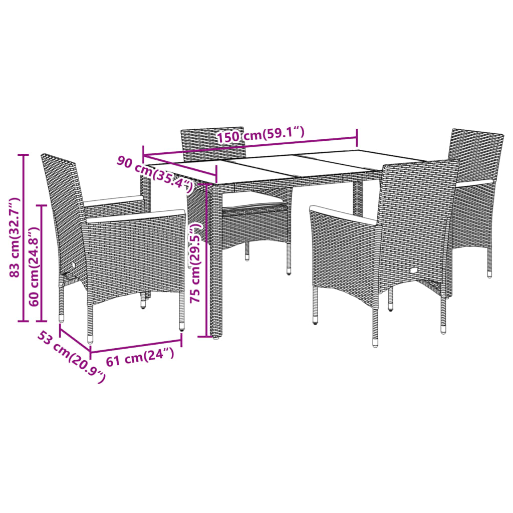 Ensemble à manger de jardin et coussins 5 pcs gris rotin verre