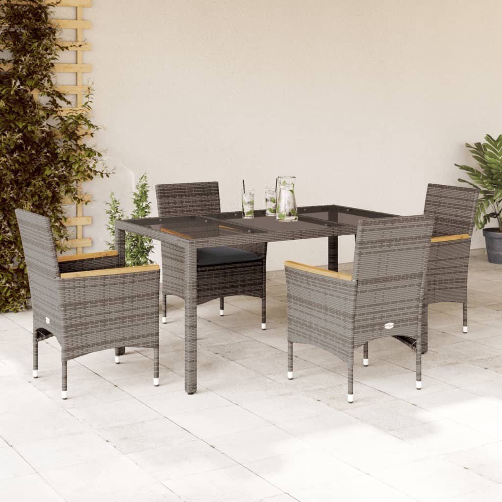 Ensemble à manger de jardin et coussins 5 pcs gris rotin verre