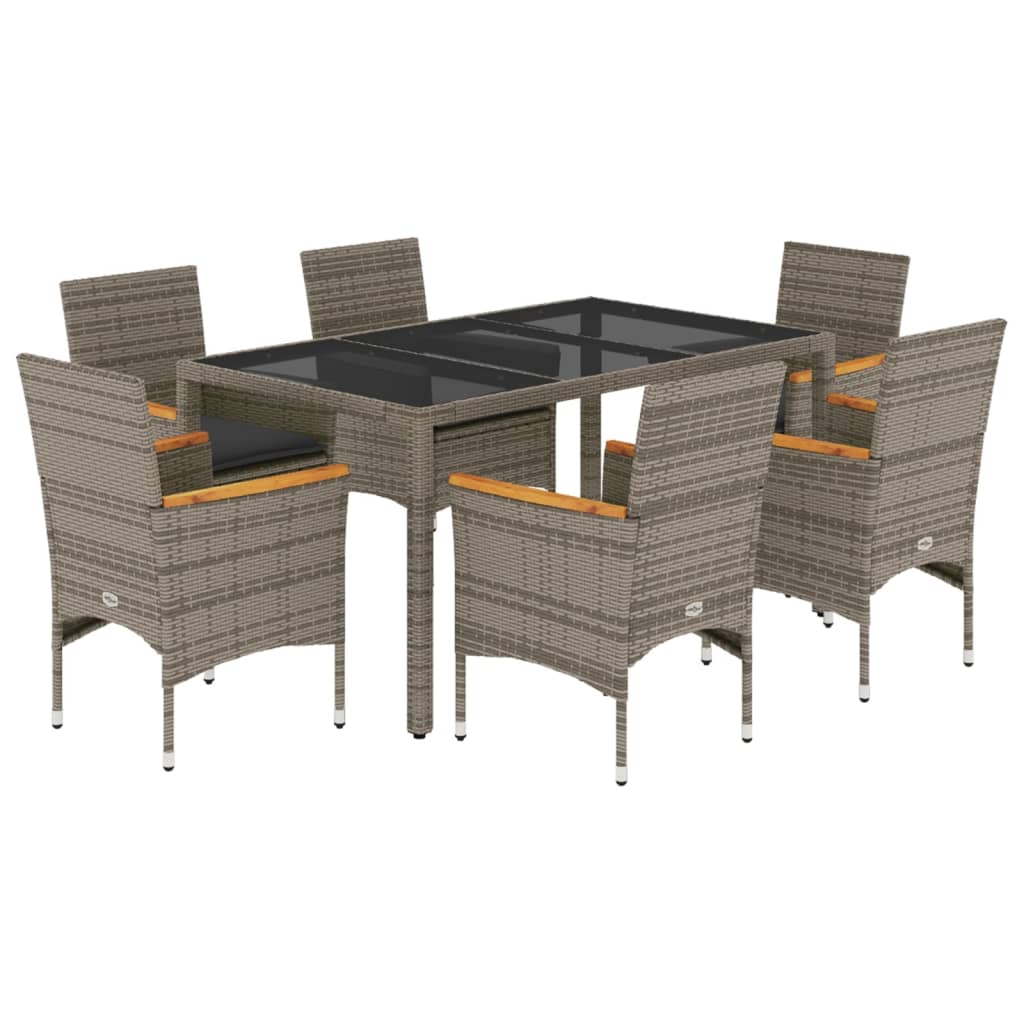 Ensemble à manger de jardin et coussins 7 pcs gris rotin verre