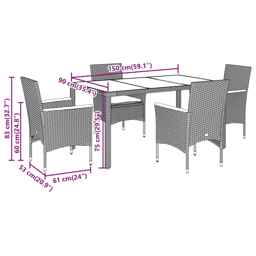 Ensemble à manger de jardin et coussins 5 pcs beige rotin verre