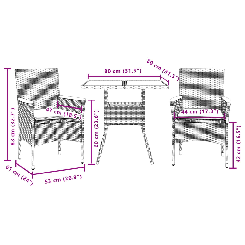 Ensemble à manger de jardin et coussins 3 pcs gris rotin acacia