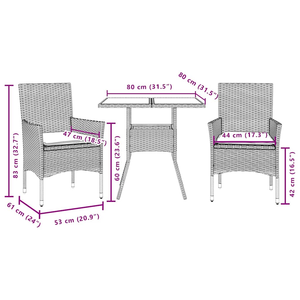 Ensemble à manger de jardin et coussins 3 pcs noir rotin acacia