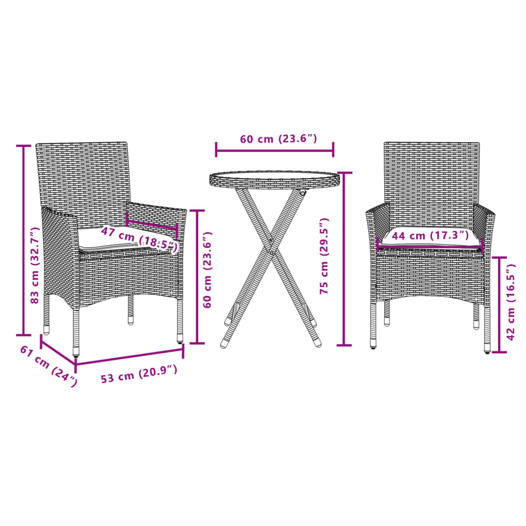 Ensemble de bistro avec coussins 3 pcs beige rotin et verre
