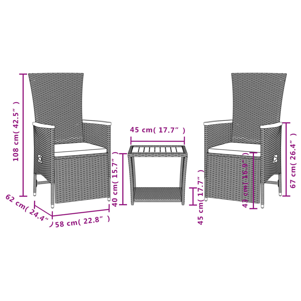 Ensemble à manger de jardin avec coussins 3 pcs Noir