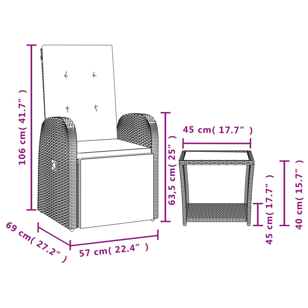 Ensemble à manger de jardin et coussins 2 pcs gris rotin