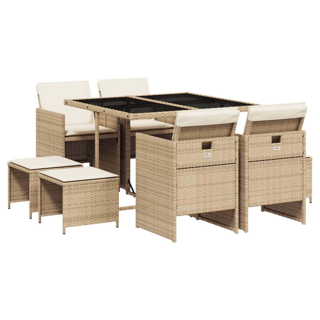 Ensemble à manger de jardin et coussins 9 pcs beige Poly rotin