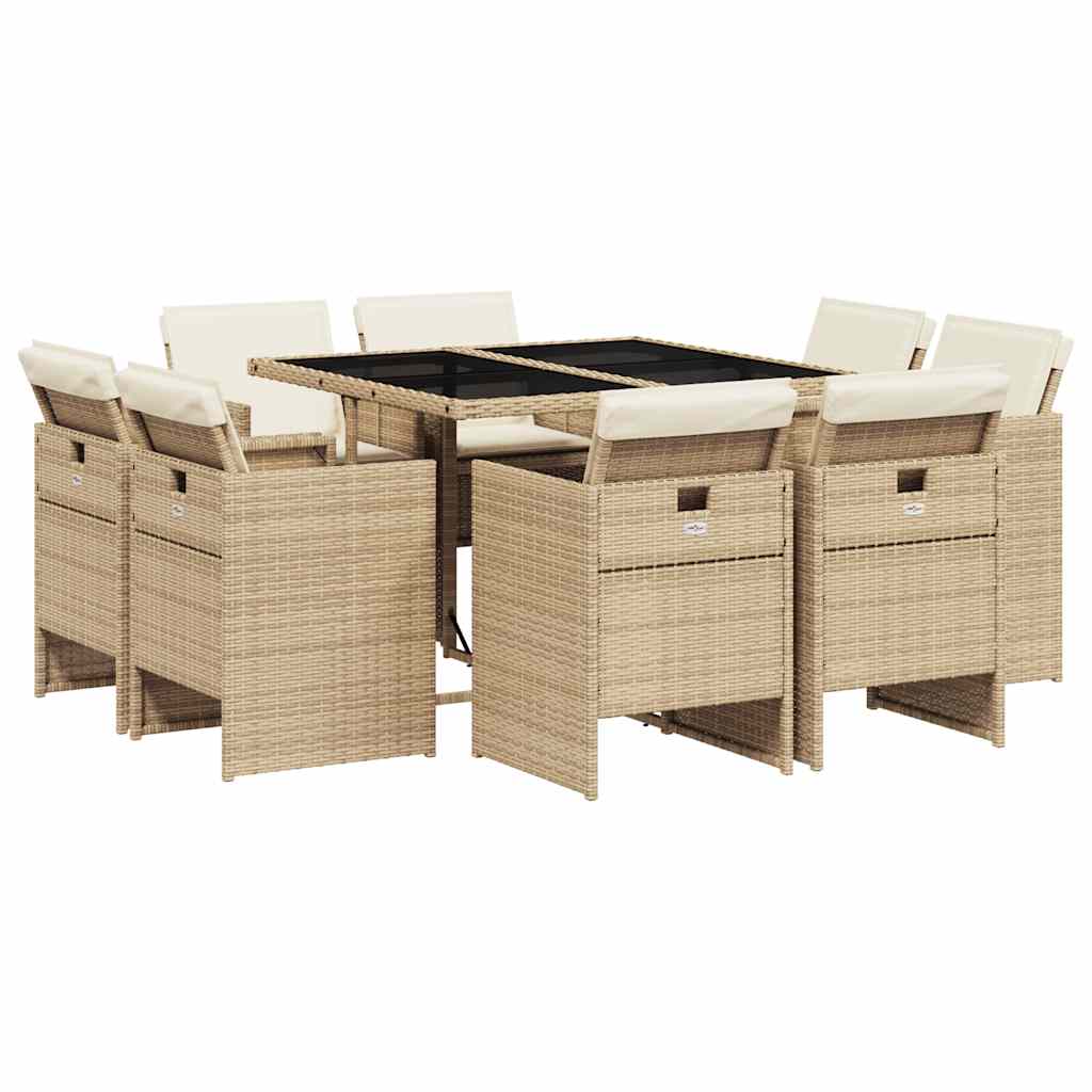 Ensemble à manger de jardin et coussins 9 pcs beige Poly rotin