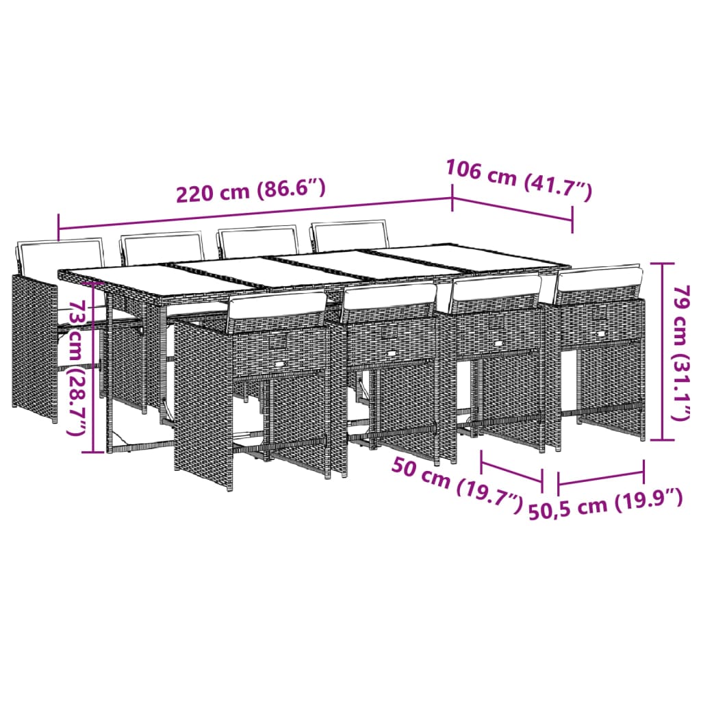 Ensemble à manger de jardin et coussins 9 pcs gris clair rotin