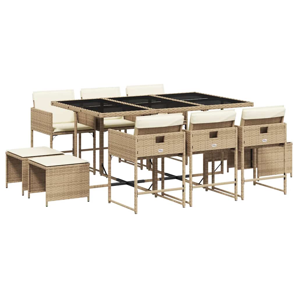 Ensemble à manger de jardin et coussins 11 pcs beige poly rotin