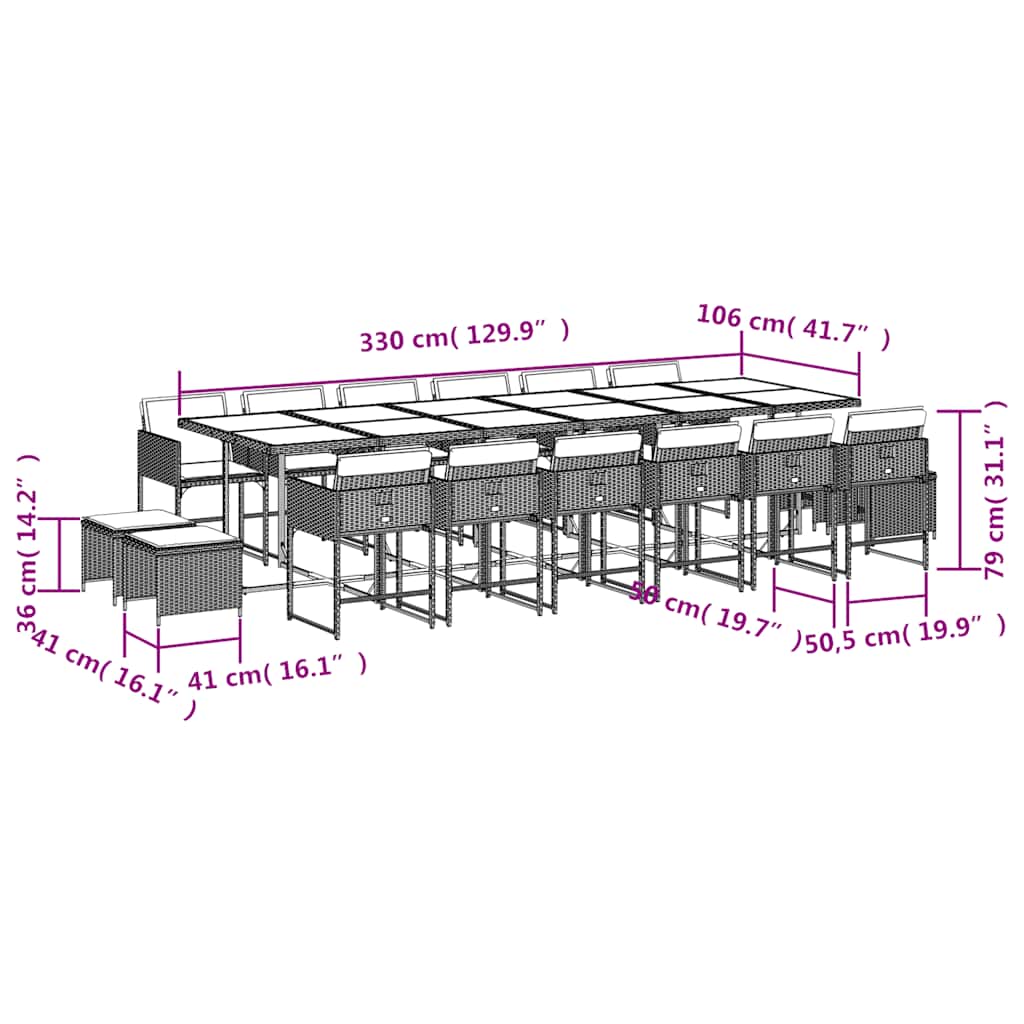 Ensemble à manger de jardin et coussins 17 pcs gris clair rotin