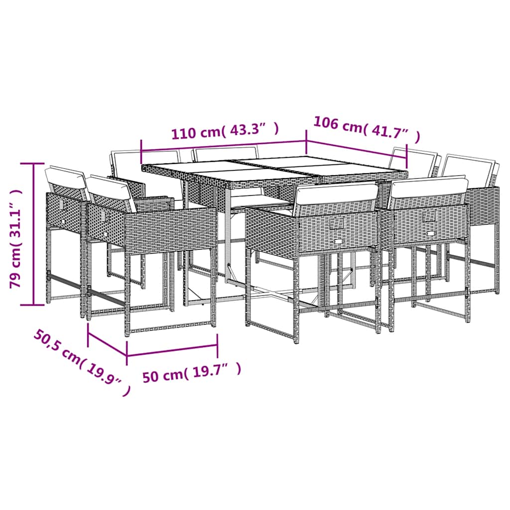 Ensemble à manger de jardin et coussins 9 pcs beige Poly rotin