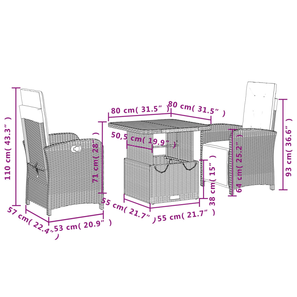 Ensemble à manger de jardin avec coussins 3 pcs Noir