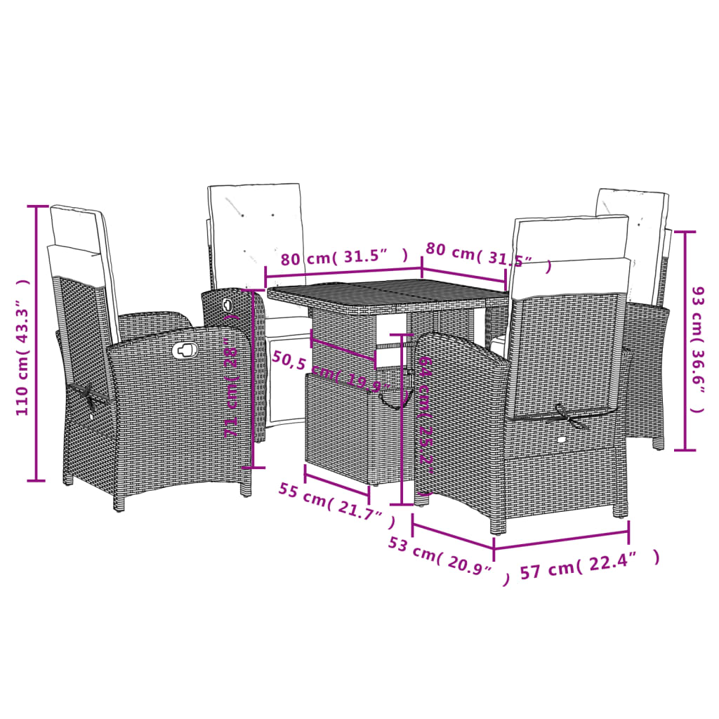 Ensemble à manger de jardin coussins 5pcs Noir Résine tressée