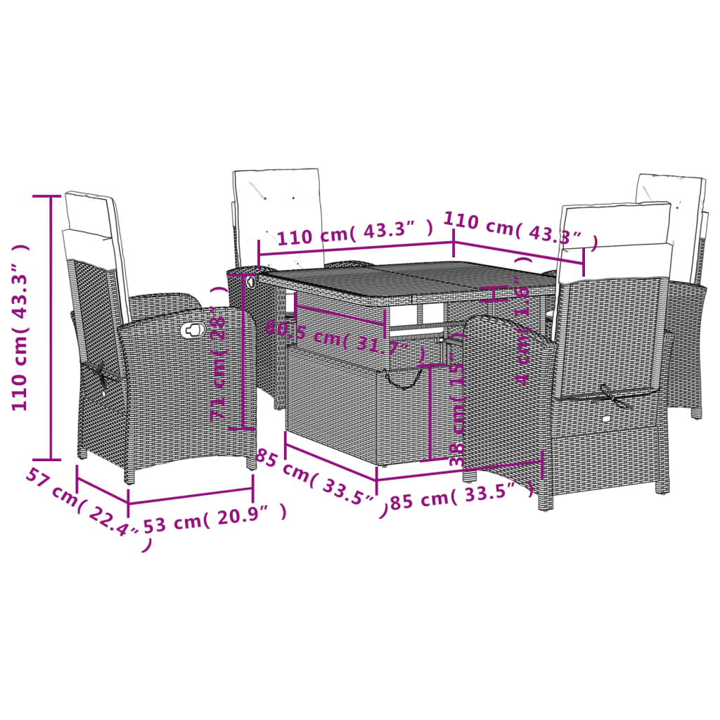Ensemble à manger de jardin coussins 5pcs Noir Résine tressée