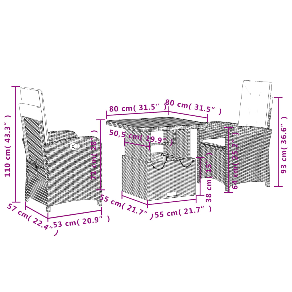 Ensemble à manger de jardin 3 pcs coussins gris résine tressée