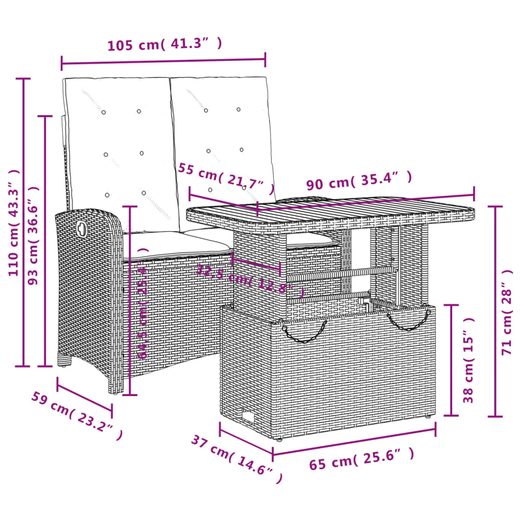 Ensemble à manger de jardin et coussins 2 pcs gris rotin