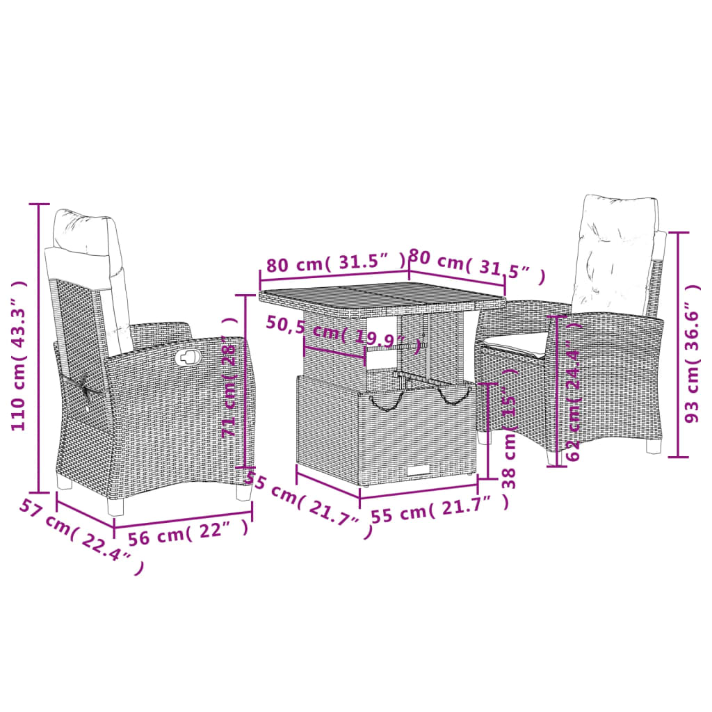 Ensemble à manger de jardin 3 pcs coussins gris résine tressée