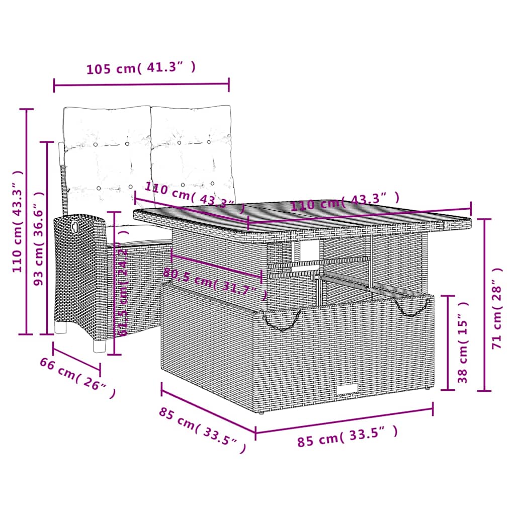 Ensemble à manger de jardin et coussins 2 pcs gris rotin
