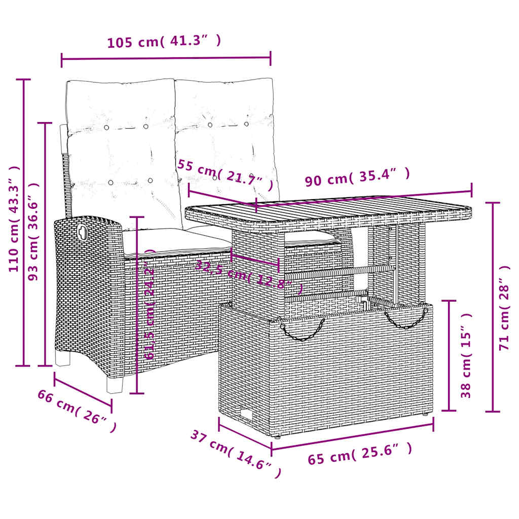 Ensemble à manger de jardin et coussins 2 pcs gris rotin