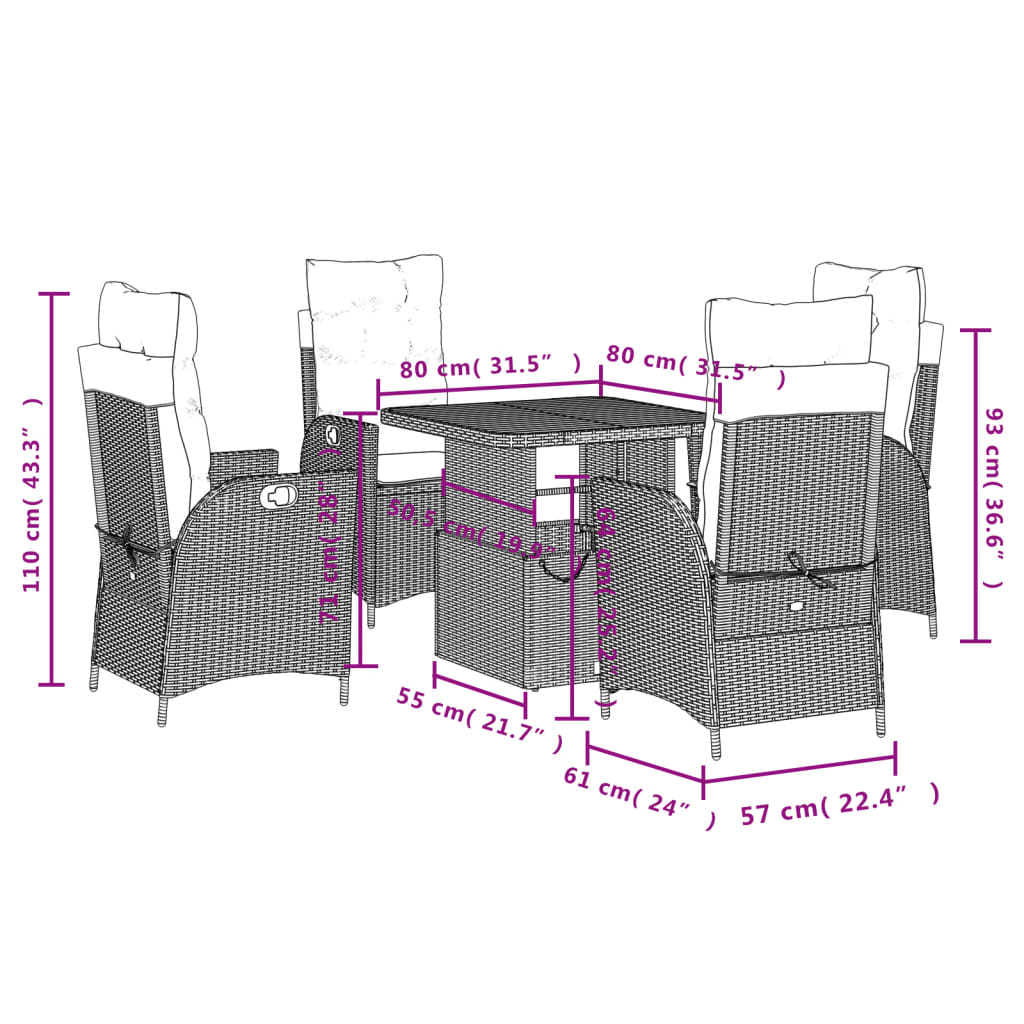 Ensemble à manger de jardin coussins 5pcs Noir Résine tressée