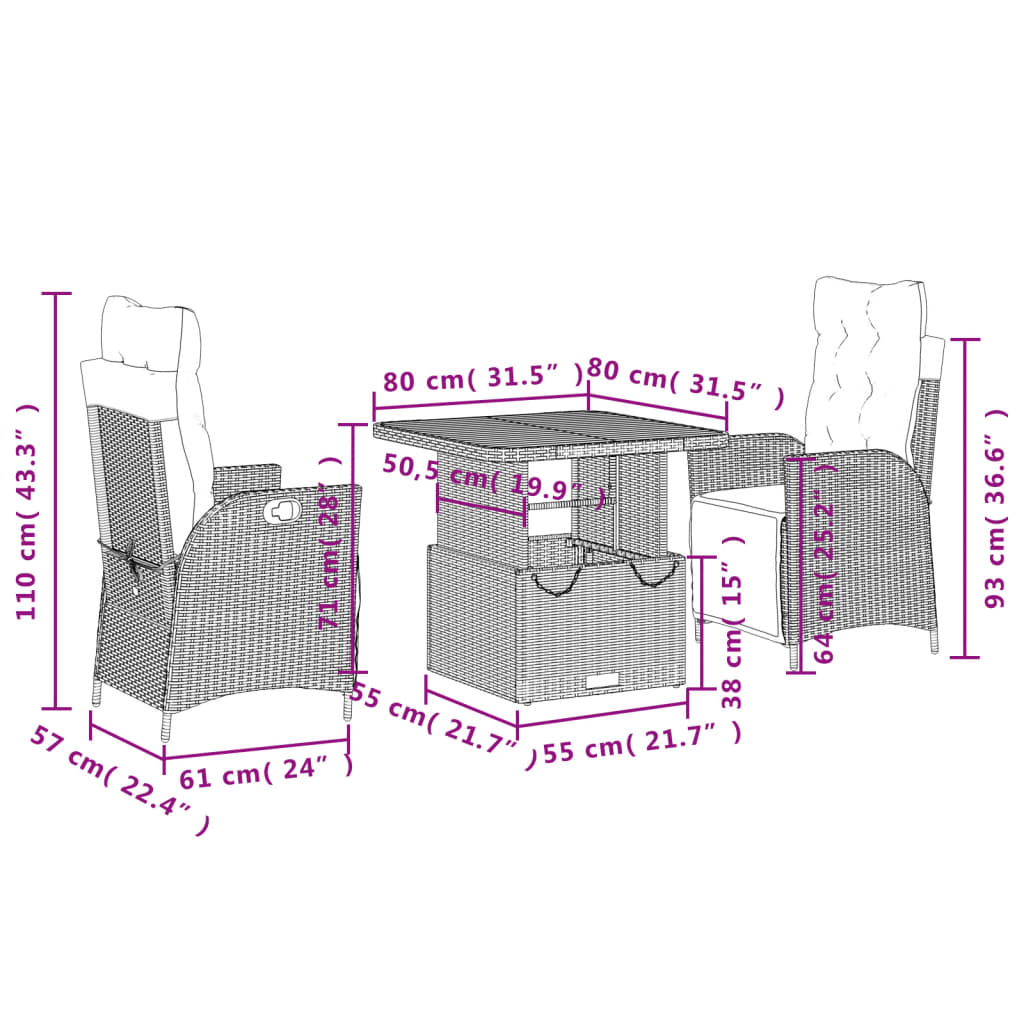 Ensemble à manger de jardin avec coussins 3 pcs Noir