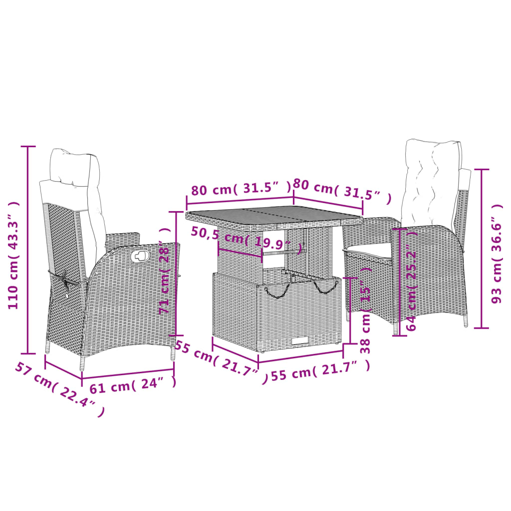 Ensemble à manger de jardin 3 pcs coussins gris résine tressée