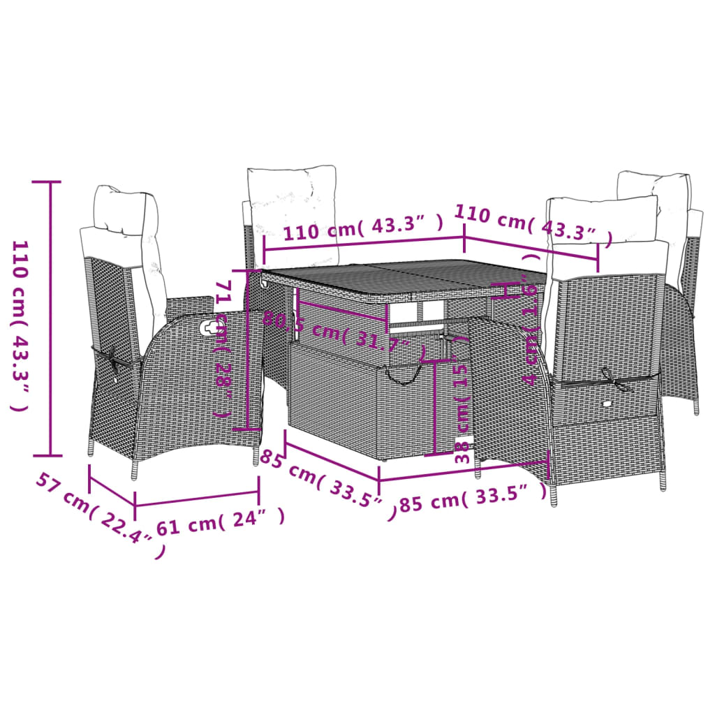 Ensemble à manger de jardin avec coussins 5pcs Beige poly rotin