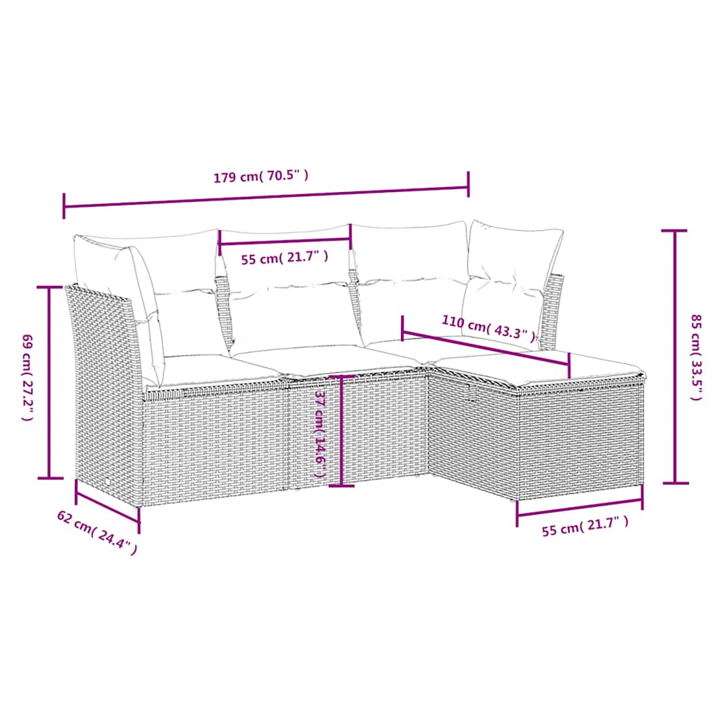 Salon de jardin 4 pcs avec coussins noir résine tressée