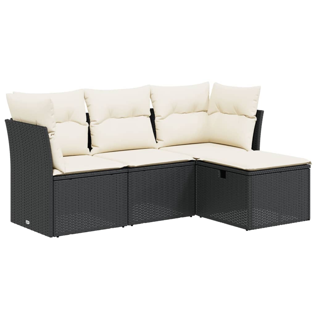 Salon de jardin 4 pcs avec coussins noir résine tressée