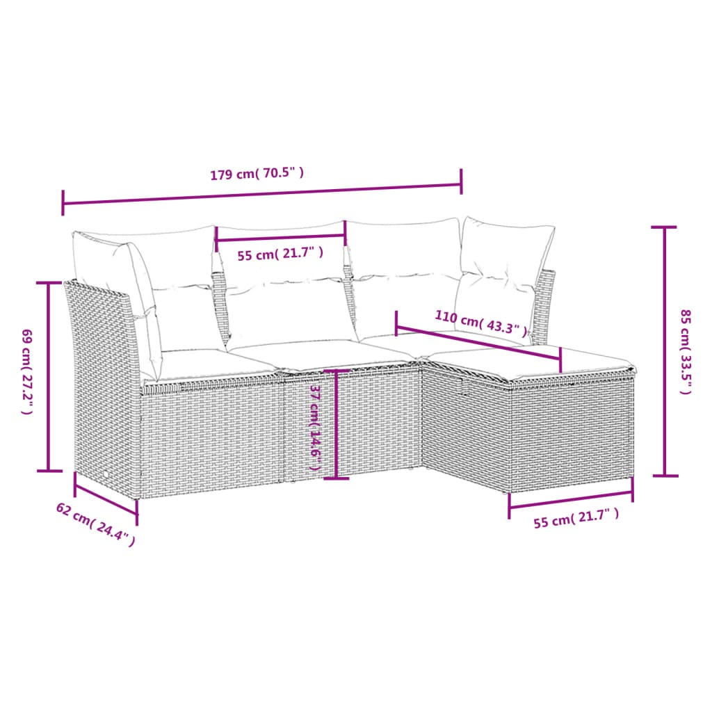 Salon de jardin avec coussins 4 pcs beige résine tressée
