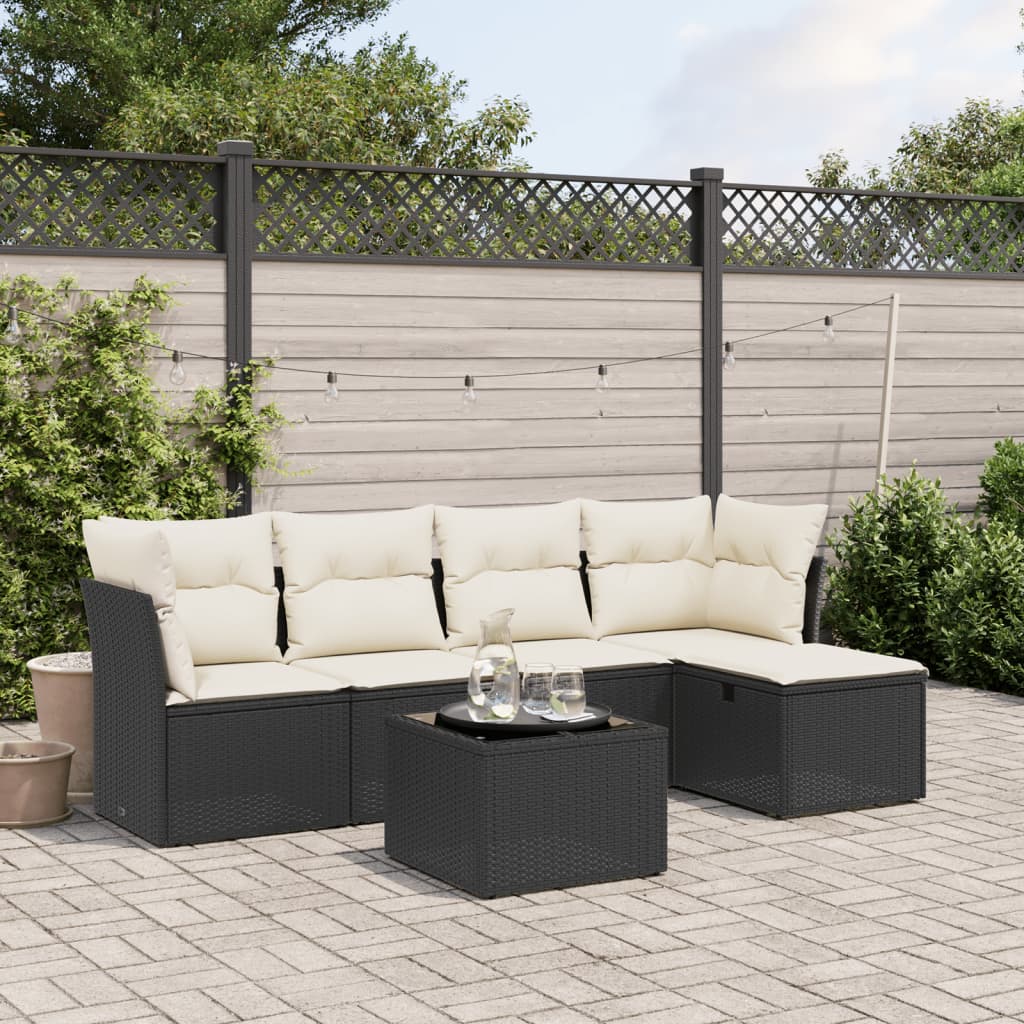 Salon de jardin 6 pcs avec coussins noir résine tressée