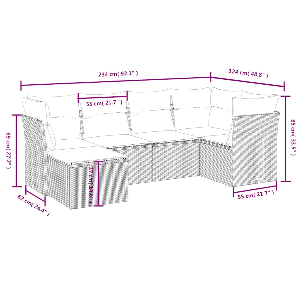 Salon de jardin 6 pcs avec coussins noir résine tressée