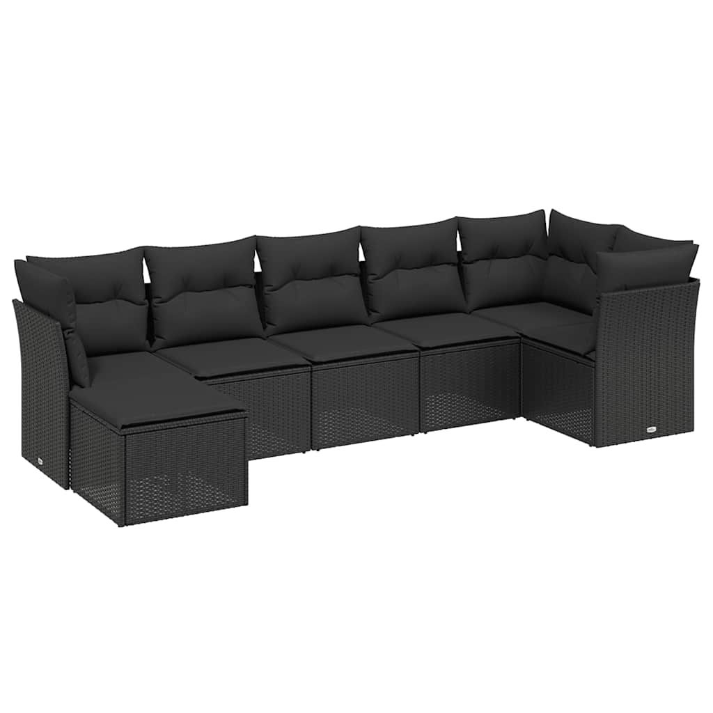 Salon de jardin 7 pcs avec coussins noir résine tressée