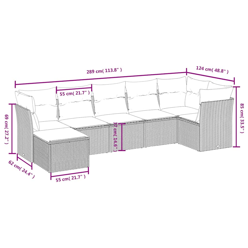 Salon de jardin 7 pcs avec coussins noir résine tressée