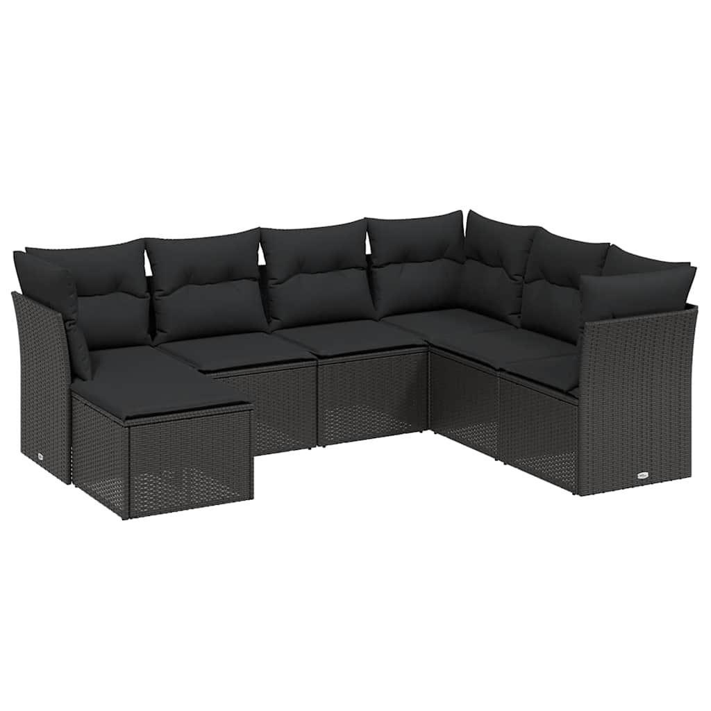 Salon de jardin 7 pcs avec coussins noir résine tressée