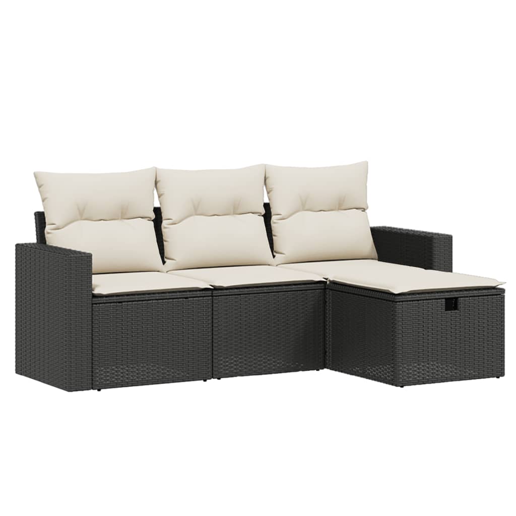 Salon de jardin 4 pcs avec coussins noir résine tressée