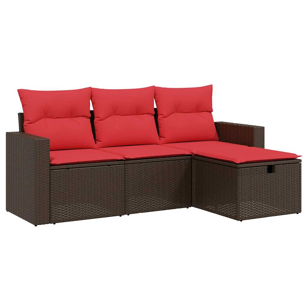 Ensemble de canapé de jardin 4 pcs avec coussins marron résine tressée